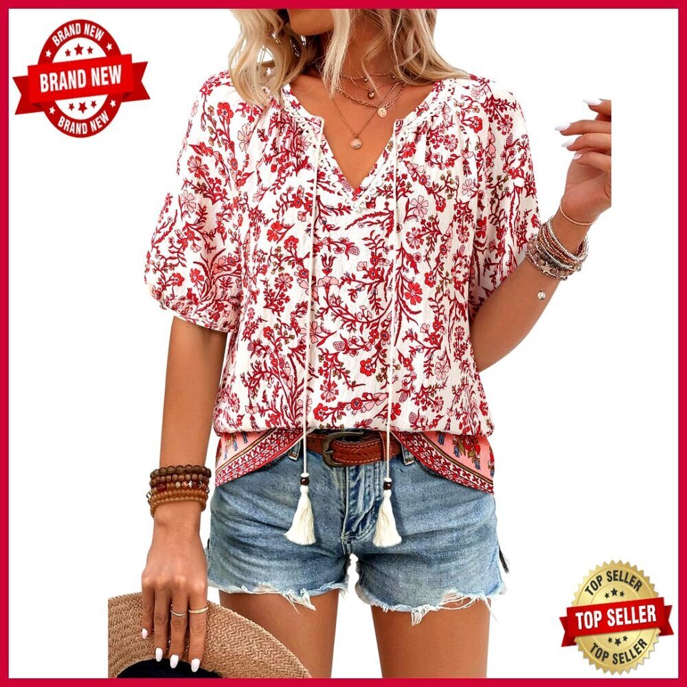 Boho Floral Blouse V-Neck Lantern Sleeve Loose Fit Summer Top